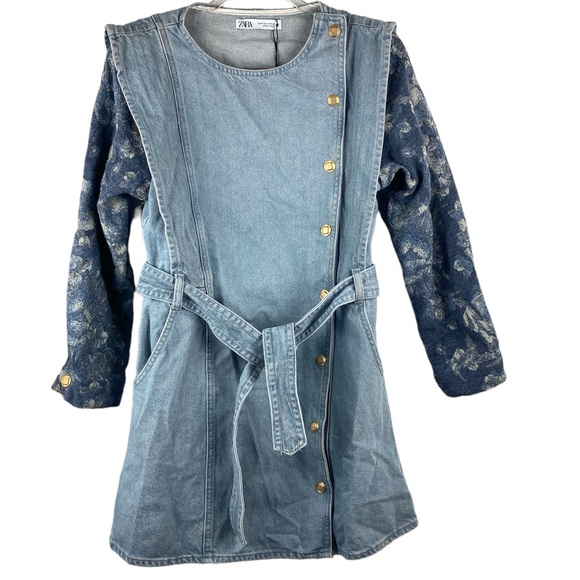 Zara Mixed Media Button Up Mini Dress Denim Jacquard Long Jacket NWT - Picture 2 of 9